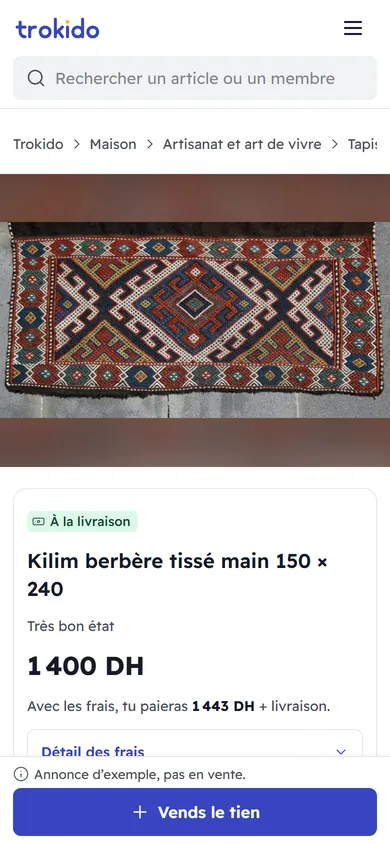 Fiche d'une annonce d'exemple sur téléphone : kilim berbère tissé main affiché à 1 400 DH à Fès
