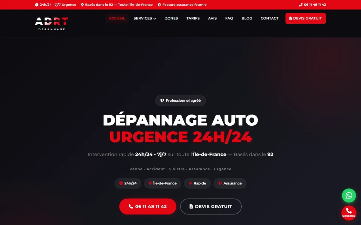 Capture du site ADRT Dépannage, réalisé par Tourak Digital Group