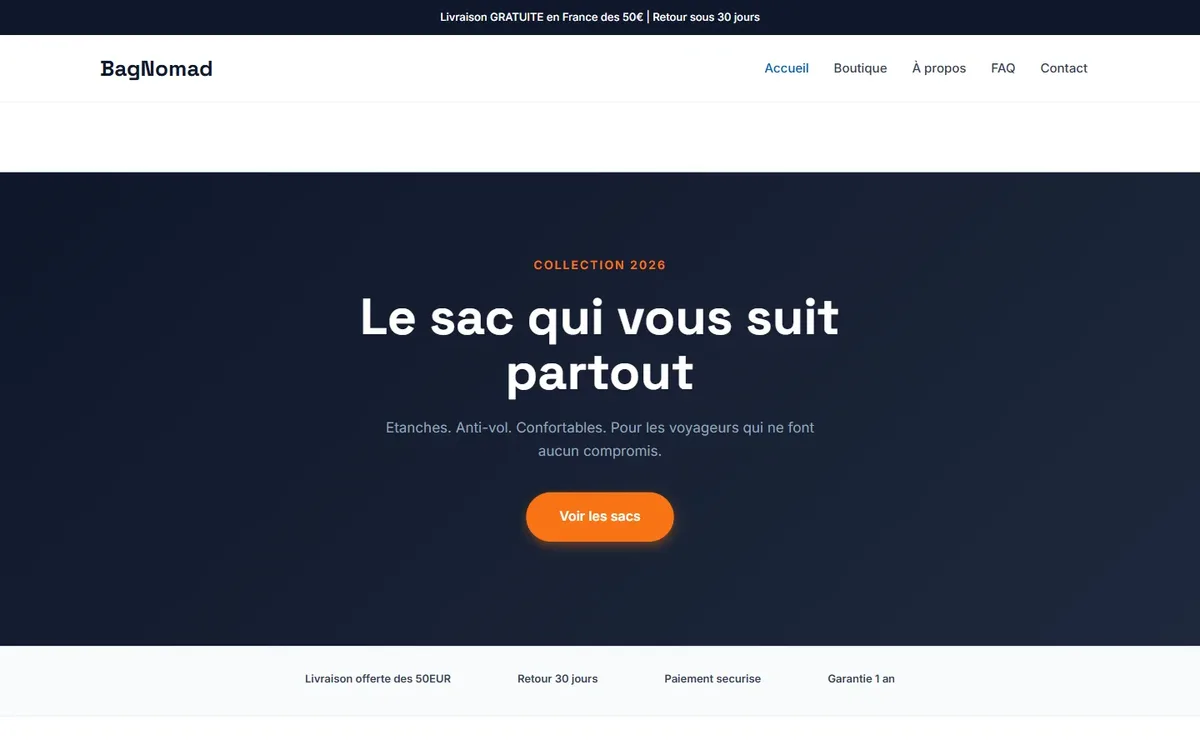 Capture du site BagNomad, réalisé par Tourak Digital Group